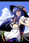 blue_hair bow female food fruit hat hinanawi_tenshi midriff outdoors peach red_eyes regls sky solo touhou