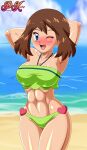  1girl abs alluring athletic_female beach big_breasts bikini blue_eyes brown_hair creatures_(company) fit_female game_freak haruka_(pokemon) humans_of_pokemon legs may_(pokemon) nintendo ocean pk-studios pokemon pokemon_(anime) pokemon_diamond_pearl_&amp;_platinum pokemon_dppt porkyman posing short_hair thick_thighs 