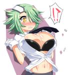 !? 1girl big_breasts black_bra blush bra breasts bursting_breasts buttons cleavage eyepatch gloves green_hair grey_background hair_ornament hair_over_one_eye large_breasts navel open_clothes open_mouth open_shirt orange_eyes otonashi_kiruko ringed_eyes shinmai_fukei_kiruko-san shinozuka_atsuto shirt short_hair simple_background skin_tight solo standing underwear uniform wardrobe_malfunction white_background yellow_eyes