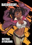 1girl bandaid basquash! belt beniya90884 big_breasts breasts cleavage dark-skinned_female dreadlocks erect_nipples highres jacket kure_(beniya) long_sleeves midriff miyuki_ayukawa one_eye_closed open_fly purple_eyes solo tank_top twin_tails twintails unzipped wink