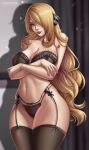 1girl alluring athletic_female big_breasts blonde_hair bra cleavage cynthia cynthia_(pokemon) female_abs fit_female flowerxl legs lingerie nintendo panties pokemon pokemon_(anime) pokemon_diamond_and_pearl posing underwear