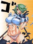  breasts embarrassed eyepatch gloves green_hair hair_over_one_eye kikuta necktie open_mouth orange_eyes otonashi_kiruko panties shinmai_fukei_kiruko-san short_hair solo striped_panties torn_clothes underwear yellow_eyes 