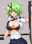  1girl big_breasts black_bra blush bra breasts bursting_breasts cleavage dual_wielding eyepatch gloves green_hair grey_background hair_ornament hair_over_one_eye hal_(halppoid) haniwagi_(hal) highres impossible_clothes impossible_shirt large_breasts necktie open_clothes open_mouth open_shirt orange_eyes otonashi_kiruko pencil_skirt police police_uniform policewoman ringed_eyes shinmai_fukei_kiruko-san shirt short_hair simple_background skirt solo standing surprised sword tonfa underwear uniform weapon white_gloves 