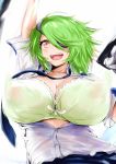 1girl :d arm_up bra breasts bursting_breasts cleavage covered_nipples erect_nipples eyepatch gigantic_breasts gloves green_bra green_hair huge_breasts kiriyama lying on_back open_clothes open_mouth open_shirt otonashi_kiruko puffy_nipples shinmai_fukei_kiruko-san shirt short_hair smile solo underwear yellow_eyes