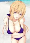 1girl 1girl absurd_res alluring arms_behind_back bajitohfu bare_shoulders beach big_breasts bikini blonde_hair blush breasts collarbone commentary_request high_res leaning_forward long_hair looking_at_viewer nakiri_erina ocean open_mouth paid_reward_available purple_bikini purple_eyes sand shokugeki_no_souma sidelocks skindentation stomach swimsuit teeth upper_teeth v-shaped_eyebrows wet