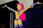 1girl edit green_eyes nude_female orange_skin pink_hair starfire surprise teen_titans teen_titans_go