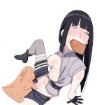  1girl 2boys arm_support bandages bangs black_hair blue_legwear blunt_bangs blush breasts breasts_out clothed_female_nude_male clothed_sex cum cum_in_pussy fellatio from_above gloves hinata_hyuuga hinata_hyuuga_(the_last) long_hair looking_at_viewer m3_(cober) multiple_boys naruto naruto:_the_last naruto_(series) naruto_hentai naruto_shippuden naruto_shippuuden nipples no_bra no_panties nude open_clothes open_fly oral penis purple_eyes saliva sex short_shorts shorts simple_background sitting solo_focus spitroast spread_legs sweat uncensored unzipped vaginal white_background 