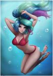 1girl abs armpits arms_up bikini breasts bubble female_only friendship_is_magic grin hasbro human humanized long_hair looking_at_viewer multicolored_hair my_little_pony princess_celestia red_bikini red_swimsuit smile solo_female swimming swimsuit the-park underwater