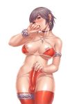 1girl blush breasts choker cum earrings futanari jewelry large_breasts nude penis po-ju solo swimsuit thighhighs