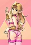 1girl alluring ass blonde_hair bra bracelet earrings garter_belt garter_straps green_eyes jewelry jf_illustration lingerie long_hair looking_at_viewer looking_back nintendo panties pink_lingerie pointy_ears princess_zelda stockings the_legend_of_zelda tiara triforce underwear v