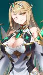  1girl 1girl ;) alluring bangs bare_shoulders big_breasts blonde_hair chocojax cleavage_cutout collarbone commentary commission english_commentary eyebrows_visible_through_hair green_background green_earrings hair_ornament high_res hikari_(xenoblade_2) long_hair mythra nintendo one_eye_closed sidelocks simple_background smile swept_bangs upper_body xenoblade_(series) xenoblade_chronicles_2 yellow_eyes 