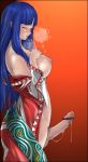 blue_hair breasts censored cum cum_string derax_(artist) erection futanari gradient gradient_background heavy_breathing kimono long_hair nipples nude one_eye_closed open_clothes open_robe penis pointless_censoring precum pubic_hair robe solo testicles wink