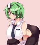 1girl all_fours bad_id between_legs big_breasts black_legwear blush breasts covered_nipples erect_nipples eyepatch gloves green_hair hair_over_one_eye large_breasts looking_at_viewer midriff moisture_(chichi) neck_tie necktie otonashi_kiruko pantyhose pink_background shinmai_fukei_kiruko-san short_hair simple_background sleeveless solo white_gloves yellow_eyes