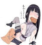  1girl 2boys arm_support bandages bangs black_hair blue_legwear blunt_bangs blush breasts breasts_out clothed_female_nude_male clothed_sex cum cum_in_pussy fellatio from_above gloves hinata_hyuuga hinata_hyuuga_(the_last) long_hair looking_at_viewer m3_(cober) male/female multiple_boys naruto naruto:_the_last naruto_(series) naruto_hentai naruto_shippuden naruto_shippuuden nipples no_bra no_panties nude open_clothes open_fly oral penis pubic_hair purple_eyes saliva sex short_shorts shorts simple_background sitting solo_focus spitroast spread_legs sweat text_focus uncensored unzipped vaginal white_background 