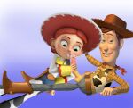  1boy 1girl 3d blue_background brown_eyes brown_hair cum_in_mouth cum_on_penis cumming cumming_penis disney green_eyes jessie laying_down pixar red_hair theskilo01 toy_story toy_story_2 woody_pride 