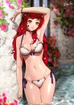  1girl alluring alternate_costume arm_up artist_name bikini blurry blurry_background breasts choker cleavage closed_mouth collarbone esther-shen female_only fire_emblem fire_emblem_engage flower hair_ornament lips long_hair looking_at_viewer medium_breasts navel nintendo orange_eyes partially_submerged pink_choker pink_flower pink_lips red_hair solo_female star_(symbol) star_hair_ornament stomach swimsuit water white_bikini white_swimsuit yunaka_(fire_emblem) 