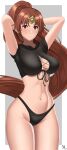 1girl 1girl alluring arcedo arms_up athletic_female auburn_hair big_breasts black_panties breasts brown_eyes brown_hair crown diadem exposed_stomach facing_viewer female_abs female_only fire_emblem fire_emblem:_mystery_of_the_emblem fire_emblem:_shadow_dragon_and_the_blade_of_light fit_female hands_behind_head headdress headwear inner_sideboob laced_up_shirt linde_(fire_emblem) long_hair looking_at_viewer midriff midriff_baring_shirt panties partially_clothed ponytail pose slight_smile solo_female stomach thick_thighs thighs tiara tight_clothing tight_fit toned toned_stomach very_long_hair waist