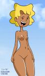  1girl 2018 black_eyes blue_background breasts brown_nipples cartoon clouds cute disney doug eyebrows eyelashes female_only naked_female navel nickelodeon nipples nude nude_beach open_mouth patti_mayonnaise pussy scobionicle99 yahyah yellow_hair 