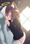  1girl black_clothes black_clothing black_hair camilitrox_cr cat_ears cat_girl cat_humanoid cat_tail feline female_only in_bed morning serpias sleeping solo_female twitch twitch.tv twitter two_tone_hair virtual_youtuber vtuber white_hair white_legwear window youtube youtube_hispanic youtuber youtuber_girl zzz 