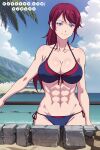  1girl acchan_(megami_no_kafeterasu) alluring athletic_female bare_legs beach bikini blue_eyes blue_sky djmacx female_abs fit_female magenta_hair megami_no_kafeterasu milf ocean pussy 