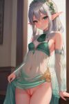 ai_generated blush cleft_of_venus dress_lift elf elf_ears elf_female female_focus green_dress green_eyes looking_at_viewer navel original pointy_ears pussy pussy_juice silver_hair small_breasts stable_diffusion