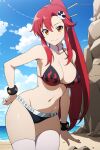  1girl alluring beach big_breasts bikini cleavage koikoi_(artist) ocean ponytail posing red_hair tengen_toppa_gurren-lagann thighhigh_socks yellow_eyes yoko_littner 