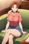  1girl alluring brown_eyes brown_hair clothed crossed_legs delia_ketchum koikoi_(artist) milf nintendo on_couch pokemon pokemon_(anime) shirt skirt 