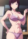  1girl abs acchan_(megami_no_kafeterasu) ai_generated alluring athletic_female big_breasts black_hair bra breasts cleavage confident female_abs female_only fit_female glasses hand_on_hip megami_no_kafeterasu navel panties pose posing purple_eyes smile subaruarm voluptuous 