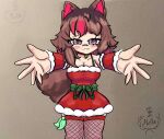  1girl animal_ears animal_tail brown_hair christmas christmas_outfit female_only incoming_hug owozu rakkunvt vtuber 