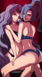  2_girls alluring bare_legs big_breasts bikini blue_hair clair clair_(pokemon) cleavage karen_(pokemon) nintendo pokemon pokemon_(anime) pokemon_gsc pokemon_hgss pokemon_stadium_2 purple_eyes vivivoovoo yuri 