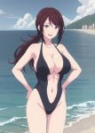  1girl acchan_(megami_no_kafeterasu) ai_generated alluring bare_legs beach big_breasts bikini black_hair blue_eyes breasts center_opening cleavage confident female_only glasses hands_on_hips legs magenta_hair megami_no_kafeterasu milf navel ocean one-piece_swimsuit pose posing purple_eyes smile subaruarm swimsuit thighs voluptuous water 