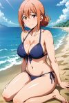  1girl alluring bare_legs beach big_breasts bikini cleavage milf ocean on_knees orange_hair pin_up red_eyes wiz_(artist) yahari_ore_no_seishun_lovecome_wa_machigatteiru. yuigahama_yui&#039;s_mother 