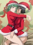  2_girls ass big_breasts black_hair bleach breasts christmas christmas_ornaments christmas_outfit danielsf5 green_eyes green_hair imminent_sex kuchiki_rukia legs mature_female one-punch_man santa_claus_(cosplay) santa_hat sexually_suggestive short_hair skirt tatsumaki 