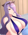  1girl 1girl alluring big_breasts breasts camilla_(fire_emblem) cleavage female_focus fire_emblem hair_over_one_eye long_hair nintendo purple_eyes purple_hair sling_bikini sowilo 