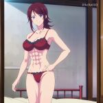 1girl abs acchan_(megami_no_kafeterasu) alluring athletic_female bare_legs bedroom blue_eyes bra cleavage female_abs fit_female magenta_hair megami_no_kafeterasu milf panties spairk1313 underwear