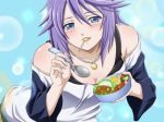 1girl bare_shoulders blue_eyes blush candy food jewelry lollipop mouth_hold necklace purple_hair rosario_to_vampire shirayuki_mizore skirt solo spoon stockings striped striped_legwear striped_thighhighs thigh-highs thighhighs