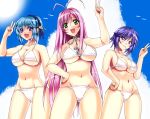 3_girls 3girls ahoge akashiya_moka antenna_hair anzu_(onelelee) bad_id bikini blue_eyes blue_hair blush breasts cameltoe candy choker cleavage cross green_eyes hand_on_hip jewelry kurono_kurumu lollipop long_hair lowleg lowleg_bikini multiple_girls navel necklace pendant pink_hair purple_eyes purple_hair rosario_to_vampire sen_(sansui) shirayuki_mizore short_hair smile strap_gap swimsuit v