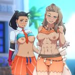 1:1_aspect_ratio 1girl 2_girls abs aqua_bra big_breasts black_hair blonde_hair bra bra_lift breasts brown_hair cmdrghost coat creatures_(company) creatures_inc. curvaceous curves cyan_eyes dark-skinned_female dark_skin game_freak green_eyes hair_pulled_back hair_slicked_back high_resolution huge_breasts humans_of_pokemon jewelry light_brown_hair lips long_hair looking_at_viewer midriff multiple_girls muscle muscular_female navel necklace nemona_(pokemon) nintendo olim_(pokemon) orange_eyes pokemon pokemon_(anime) pokemon_(game) pokemon_character pokemon_professor pokemon_sv professor_sada_(pokemon) rival_(pokemon_scarlet_&_violet) sada_(pokemon) smile take_your_pick tanned thick_thighs thighs toned two_tone_hair