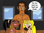  1boy 2girls alejandro_burromuerto_(tdi) big_breasts blonde_hair bridgette_(tdi) cartoon_network dark-skinned_female green_eyes hourglass_figure leshawna_(tdi) light-skinned_female long_blonde_hair long_hair penis surfer_girl thick_ass thick_legs thick_thighs total_drama_island whit08pr0n 