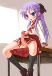  1futa blue_eyes blush breasts clothes_lift cum futa_only futanari hiiragi_kagami long_hair lucky_star mofuringu no_panties nude open_mouth penis purple_hair ribbon ryouou_school_uniform school_uniform serafuku skirt skirt_lift solo solo_futa testicles 