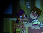  after_fellatio black_eyes breasts brown_hair cartoon_network cody_(tdi) cum cum_covered dark-skinned_female gijoepwns hourglass_figure nipples purple_hair sierra_(tdi) thick_ass thick_legs thick_thighs total_drama_island 