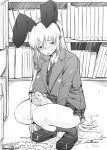  1girl animal_ears bar_censor blazer blush book breasts censored commentary_request cum futanari futanari_masturbation greyscale huge_breasts jacket long_hair masturbation monochrome necktie nude original penis rabbit_ears red-rum skirt solo squatting 