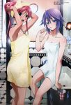  absurd_res akashiya_moka bathroom blue_eyes blue_hair brushing_teeth fang green_eyes high_res long_hair megami naked_towel pinup red_hair rosario_+_vampire rosario_to_vampire shirayuki_mizore short_hair toothbrush towel 