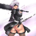  1girl ass black_dress black_panties blindfold breasts curvy dress dual_wielding female_focus flowerxl from_behind gloves holding huge_weapon lipstick looking_back makeup nier:_automata nier_(series) panties short_hair sideboob smile stockings sword thong underwear weapon white_hair yorha_no._2_type_b 