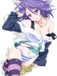 1girl blue_eyes breasts candy cleavage collarbone lollipop midriff mizore_shirayuki navel panties purple_hair rosario_to_vampire rosario_vampire shirayuki_mizore short_hair skirt skirt_down solo stockings stomach strap_slip striped striped_legwear striped_panties striped_thighhighs thighhighs underwear undressing