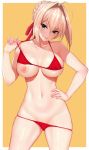  1girl 1girl 1girl ahoge bangs big_breasts bikini bikini_lift blonde blush border braid breasts cocq_taichou fate/extra fate_(series) french_braid green_eyes hair_between_eyes hair_bun hair_intakes hand_on_hip long_hair looking_at_viewer navel nero_claudius_(fate) nipples red_bikini smile strap_pull swimsuit thighs tied_hair white_border yellow_background 