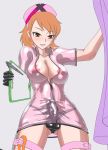  1girl atlus breasts brown_eyes bulge cleavage clipboard damu_otoko futanari large_breasts latex nurse open_clothes orange_hair panties pen persona persona_3 see-through short_hair solo takeba_yukari testicles underwear unzipped zipper 