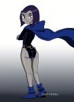  1girl ankle_boots ass cape clothed dc_comics female female_only forehead_jewel grey_skin gspy2901 leotard looking_at_viewer raven_(dc) short_hair solo_female standing superheroine teen_titans 