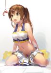  1girl bare_shoulders breasts brown_eyes brown_hair cheerleader chuunibyou_demo_koi_ga_shitai! cleavage crop_top crop_top_overhang female fishing food hair_ornament hairclip hjl hjl2010 hook kneeling long_hair navel nibutani_shinka no_panties open_mouth pom_poms ponytail pubic_hair skirt solo spread_legs unzipped 