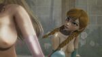 16:9_aspect_ratio 3d anna_(frozen) bare_shoulders blush braid breasts disney disney_princess erect_nipples freckles frozen_(movie) indoors long_hair looking_at_partner looking_pleasured medium_breasts nipples partially_clothed rapunzel shoulders tangled teen